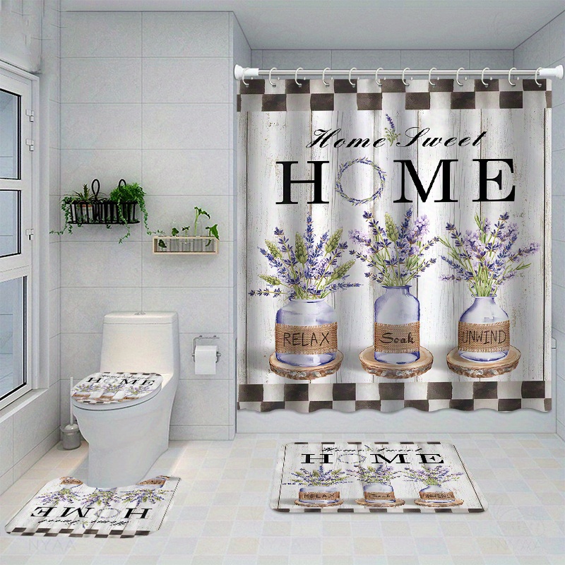Bamboo Bath Mat - 4-teiliges Duschvorhang-Set mit Blumenmuster, wasserdichter Duschvorhang