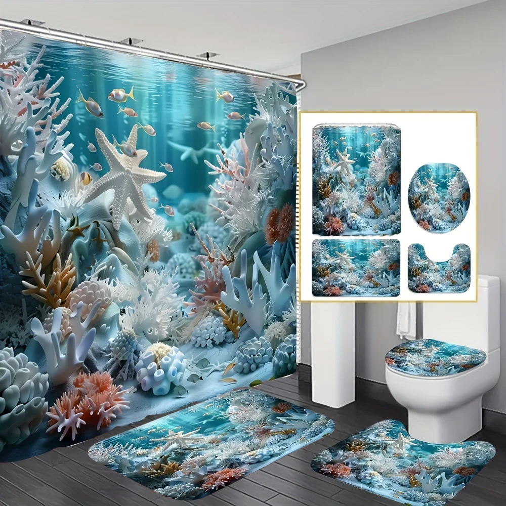 Bamboo Bath Mat - Bezauberndes Unterwasser-Korallenriff-Badezimmer-Set - Wasserdichter Duschvorhang, Toilettendeckelbezug,